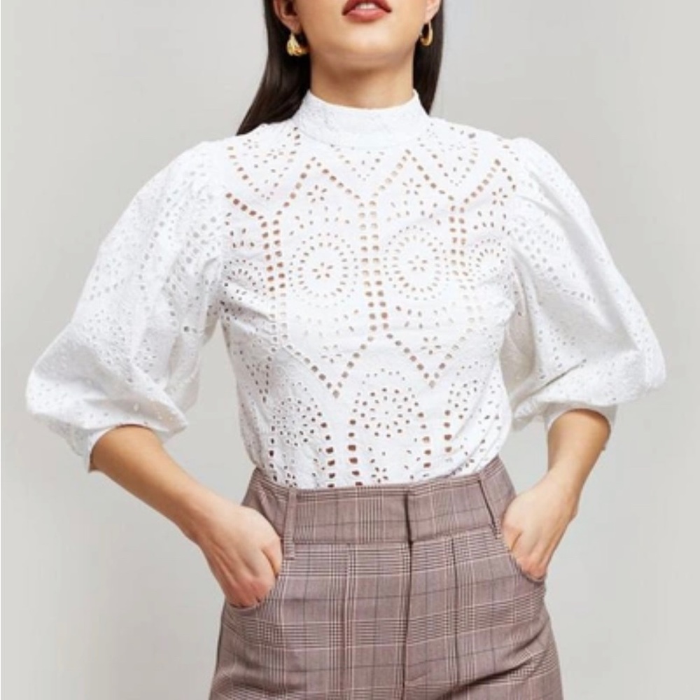 Ganni Falcon Puff Sleeve Cotton Top in Bright White